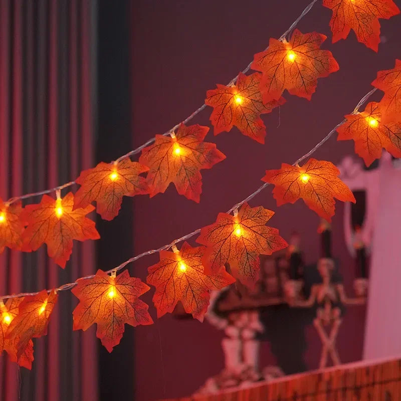 Sevair Deco Autumn Pumpkin and Maple Leaf String Lights leaf garland