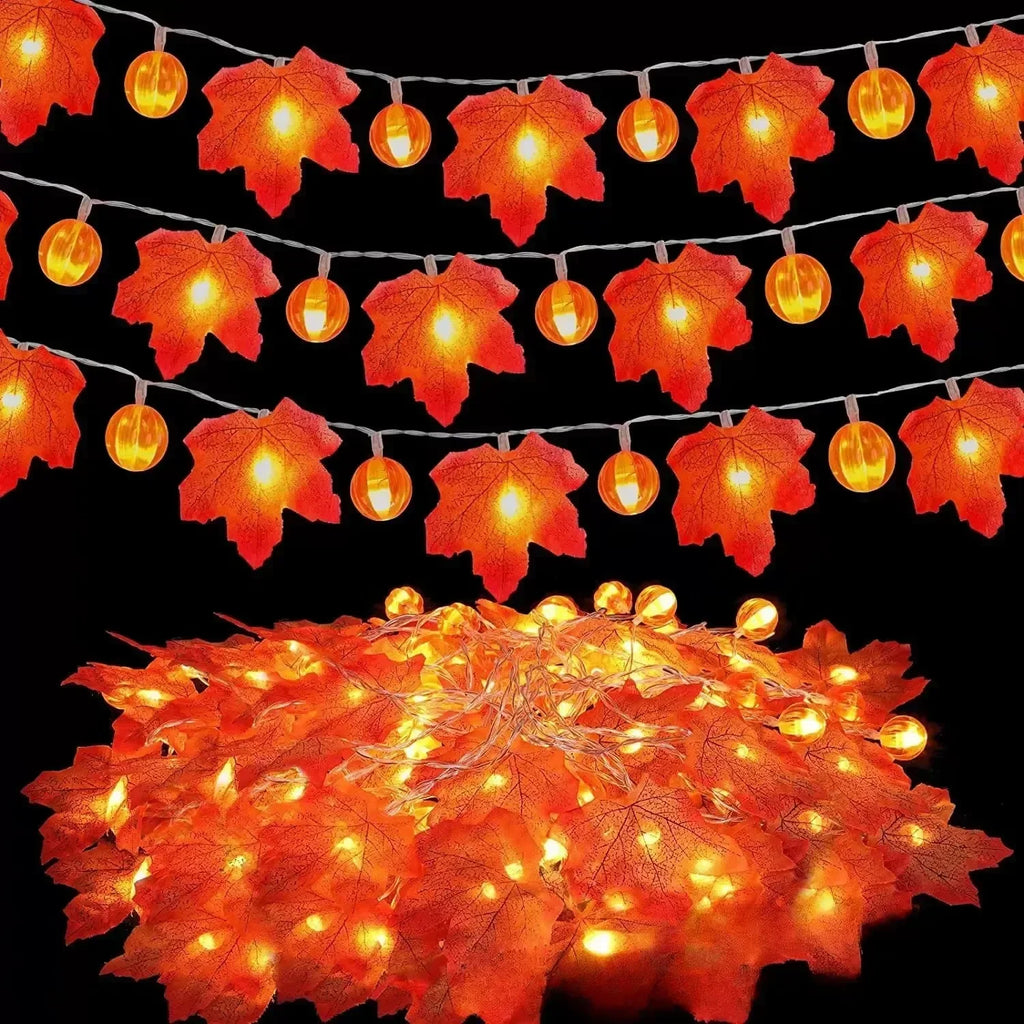 Sevair Deco Autumn Pumpkin and Maple Leaf String Lights light arrangement