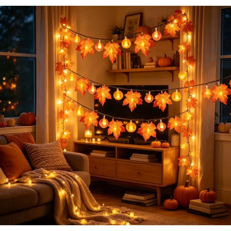 Sevair Deco Autumn Pumpkin and Maple Leaf String Lights living room