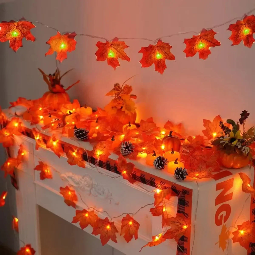 Sevair Deco Autumn Pumpkin and Maple Leaf String Lights mantel display