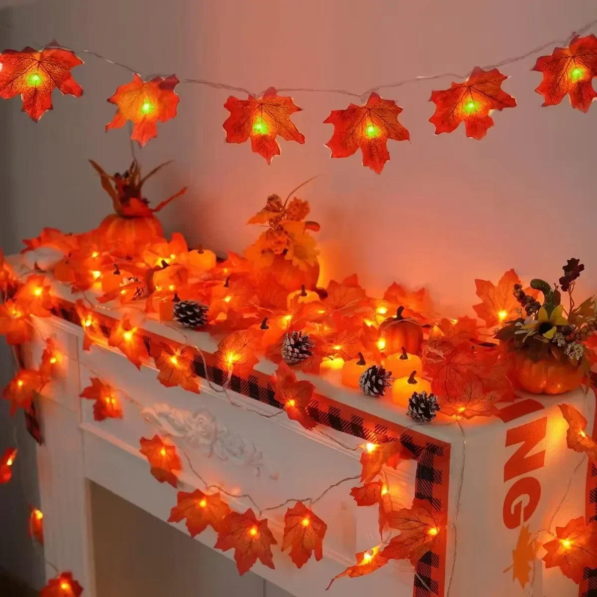 Sevair Deco Autumn Pumpkin and Maple Leaf String Lights mantel display