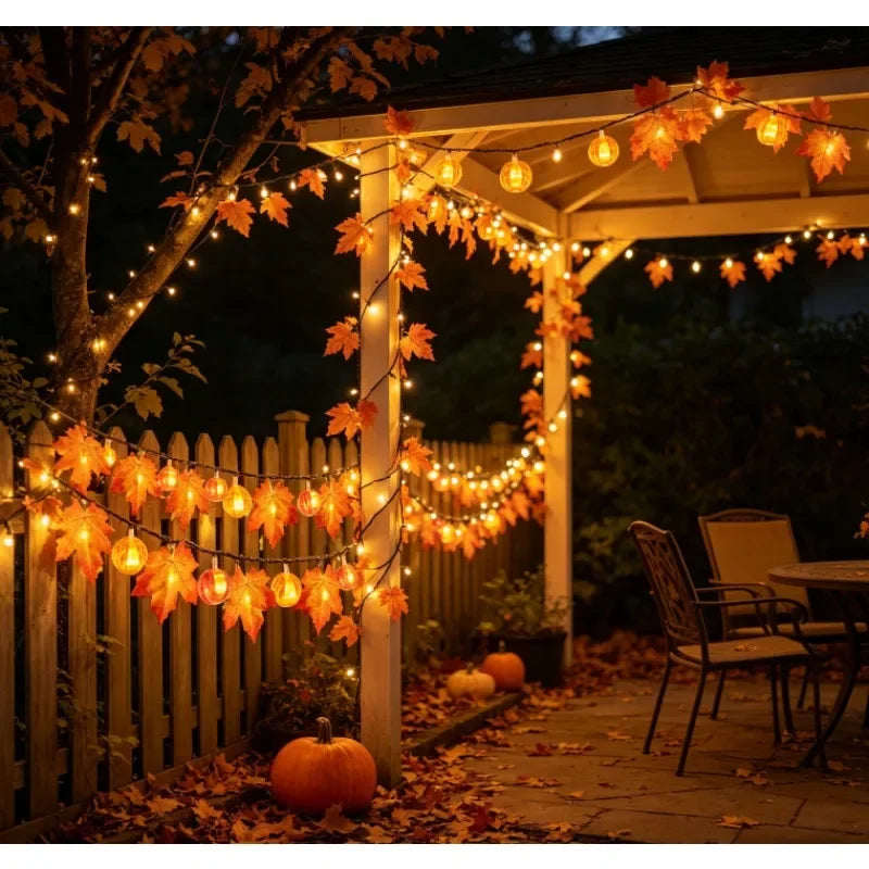 Sevair Deco Autumn Pumpkin and Maple Leaf String Lights pergola display