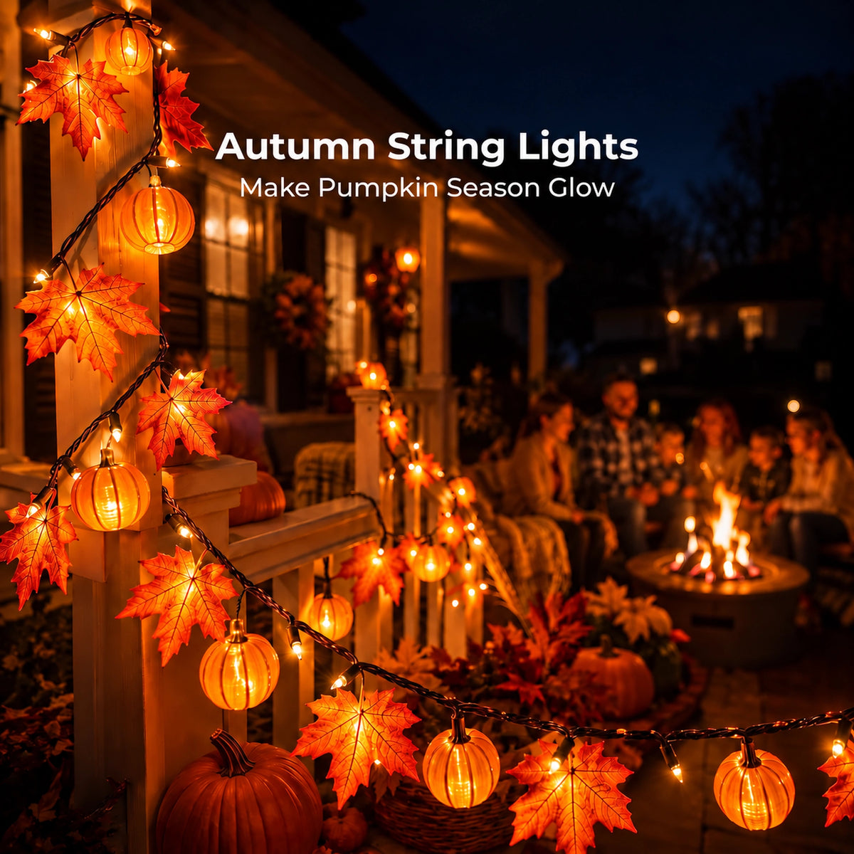 Sevair Deco Autumn Pumpkin and Maple Leaf String Lights porch glow