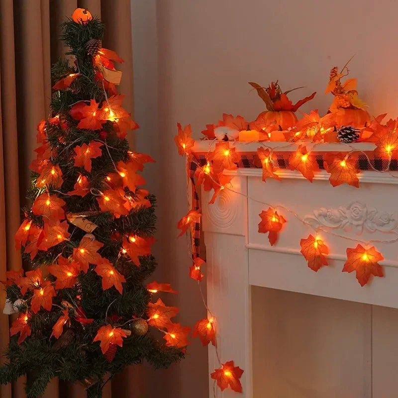 Sevair Deco Autumn Pumpkin and Maple Leaf String Lights seasonal tree