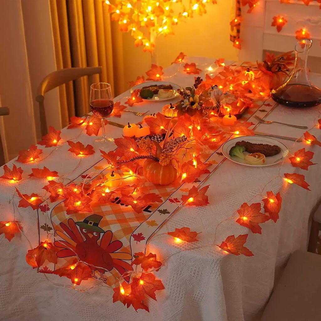 Sevair Deco Autumn Pumpkin and Maple Leaf String Lights thanksgiving table