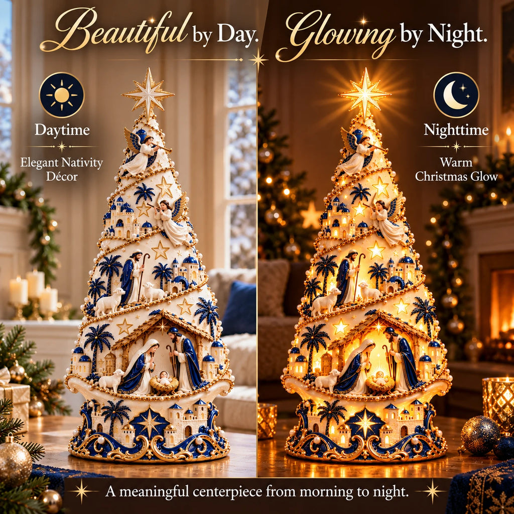 Sevair Deco Bethlehem Nativity Light-Up Christmas Tree day night