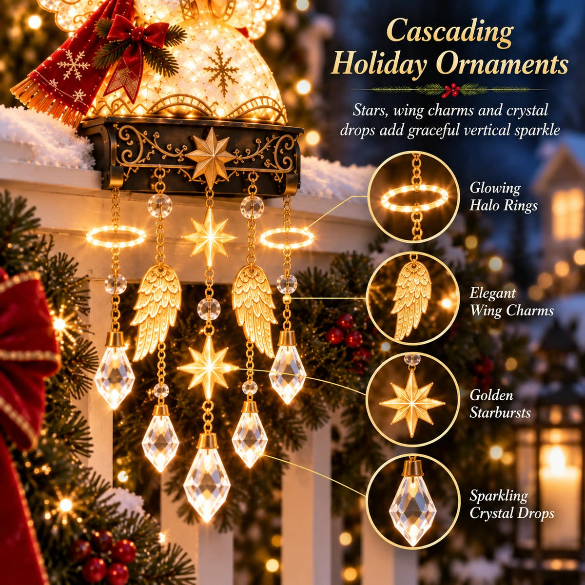 Sevair Deco Christmas Angel Porch Railing Lights cascading ornaments