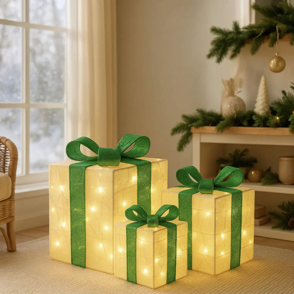 Sevair Deco Light Up Christmas Gift Boxes Set of 3 green display