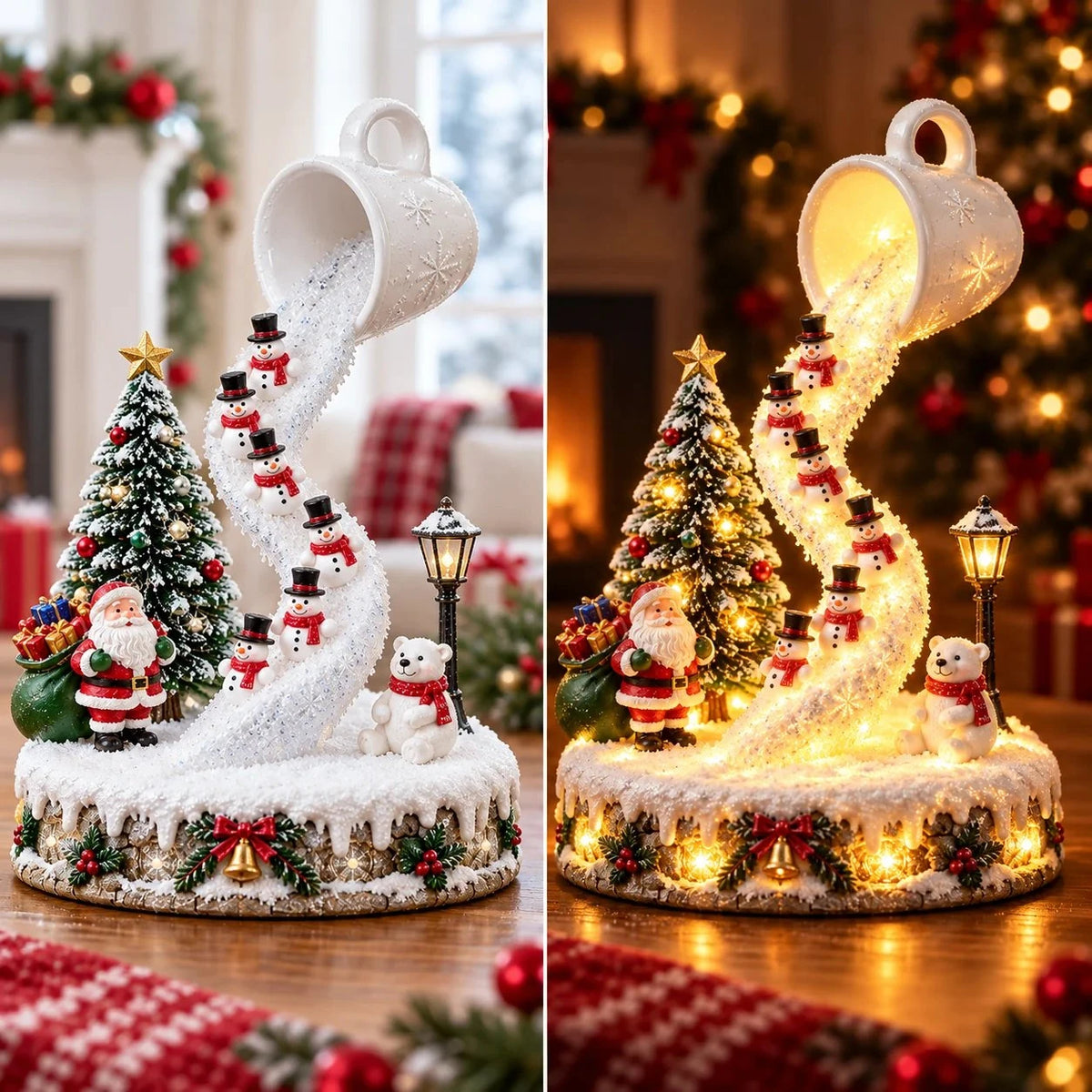 Sevair Deco Lighted Christmas Scene with Golden Glow mug day night