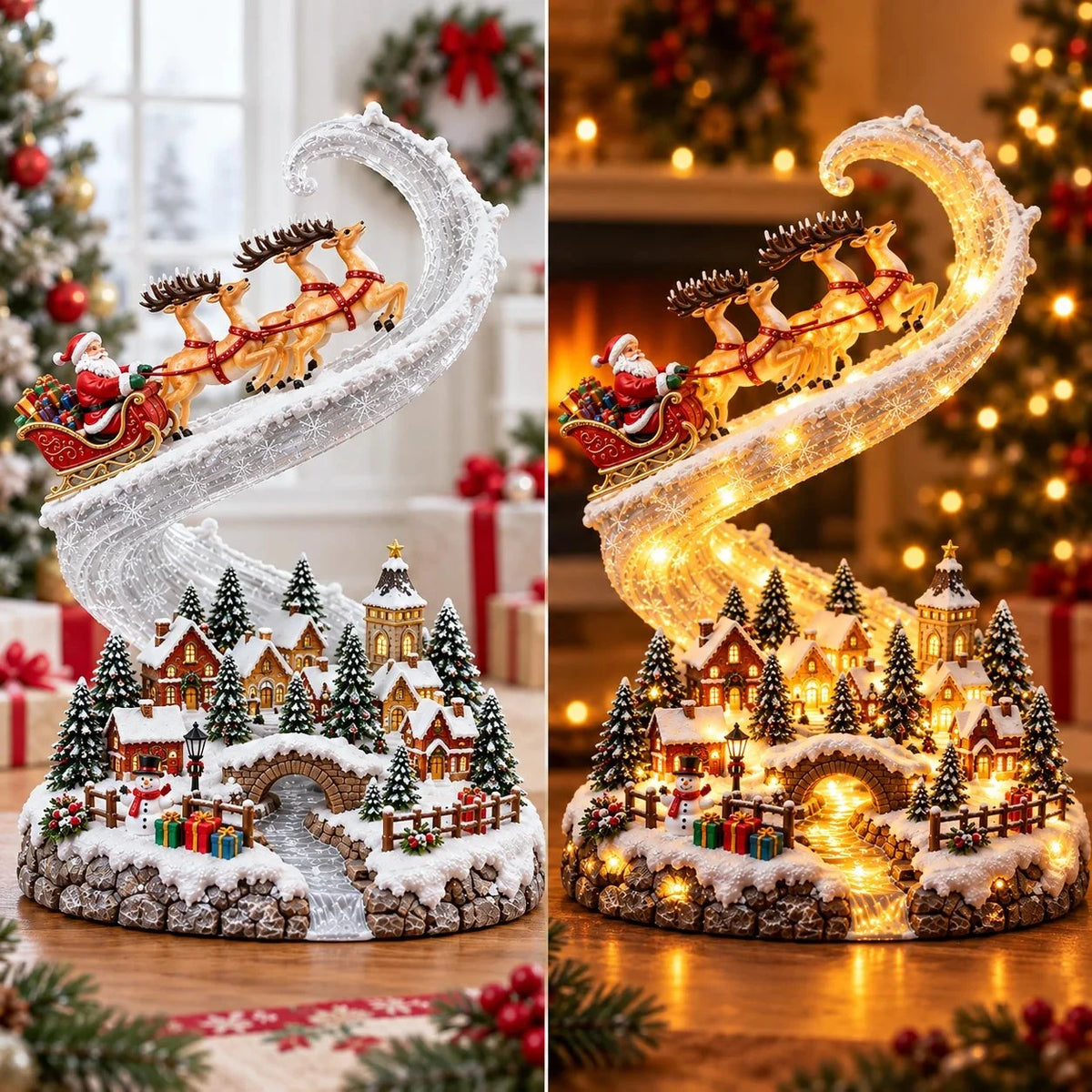 Sevair Deco Lighted Christmas Scene with Golden Glow sleigh day night