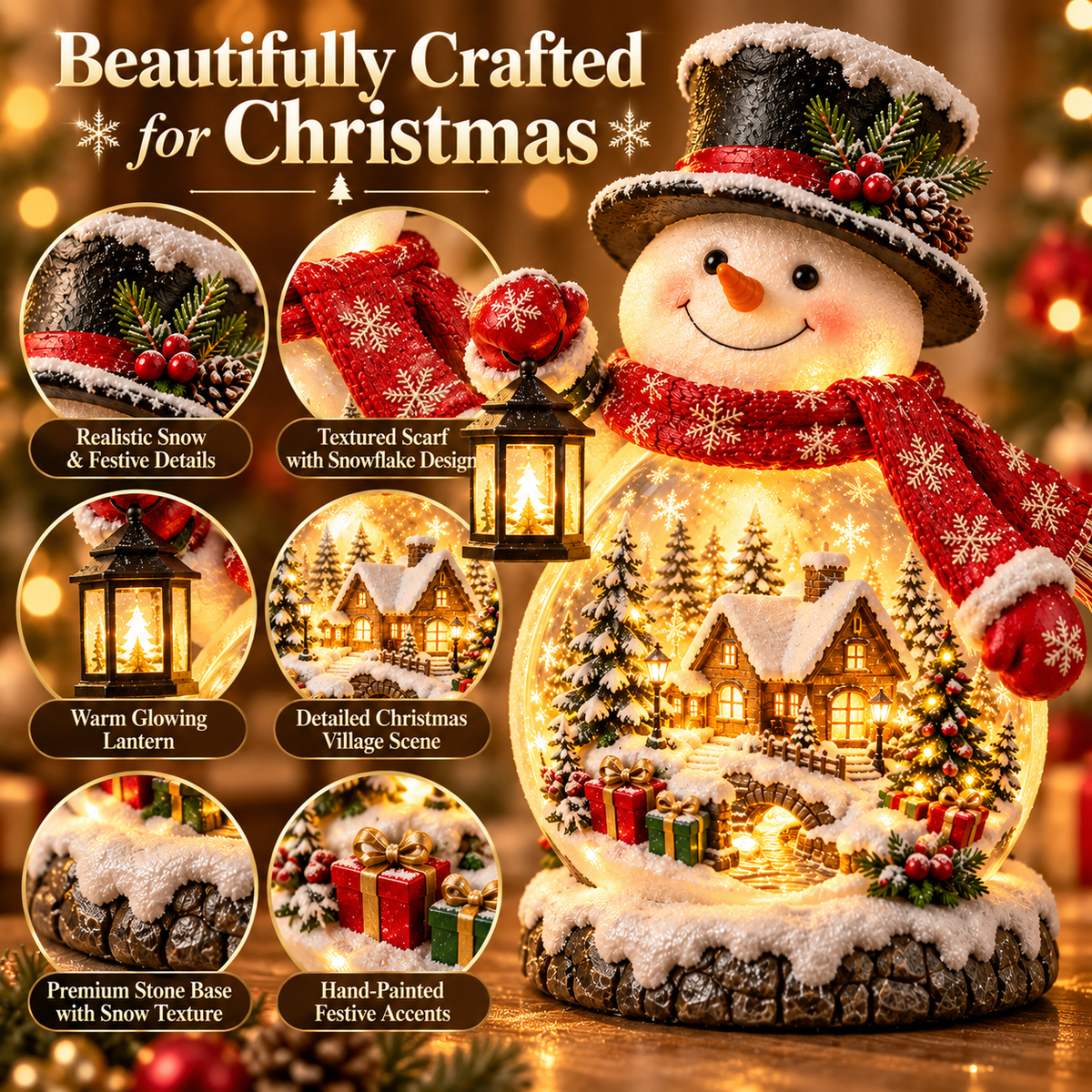 Sevair Deco Lighted Snowman Christmas Village festive details
