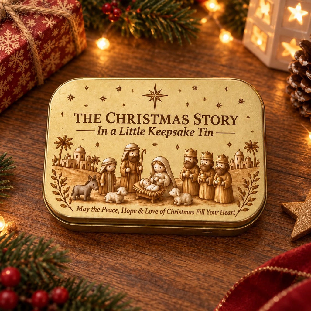 Sevair Deco Mini Nativity Scene in Keepsake Tin closed tin