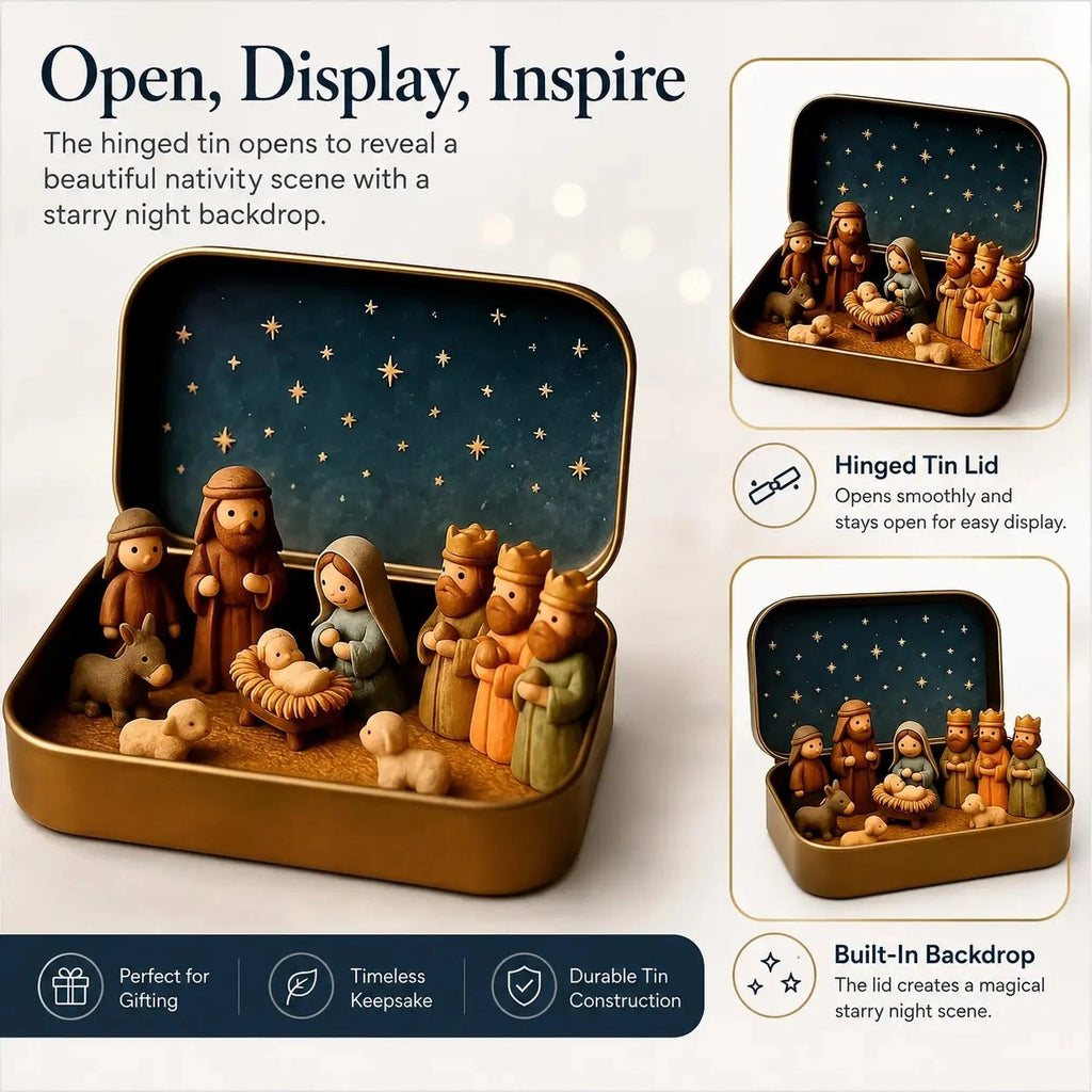 Sevair Deco Mini Nativity Scene in Keepsake Tin hinged lid