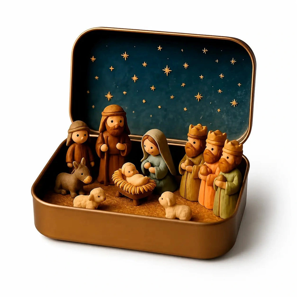 Sevair Deco Mini Nativity Scene in Keepsake Tin open display