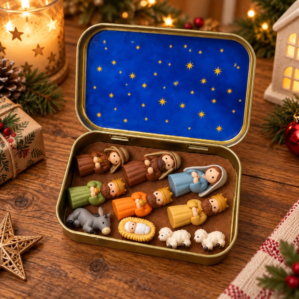 Sevair Deco Mini Nativity Scene in Keepsake Tin stored figures