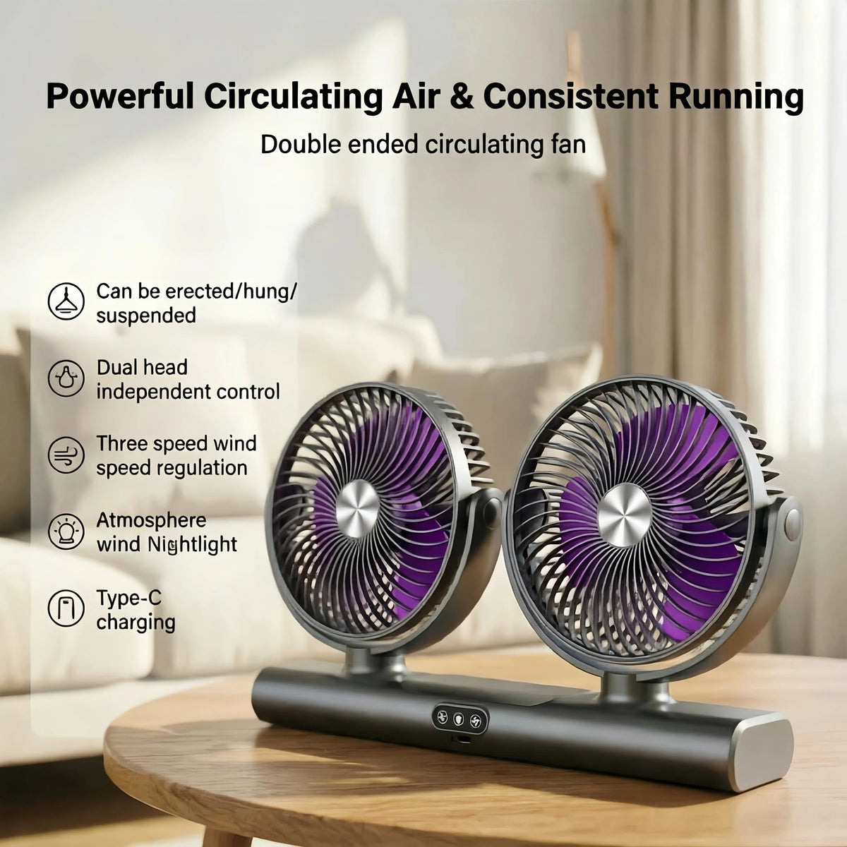 Sevair Deco rechargeable dual head portable fan fan controls