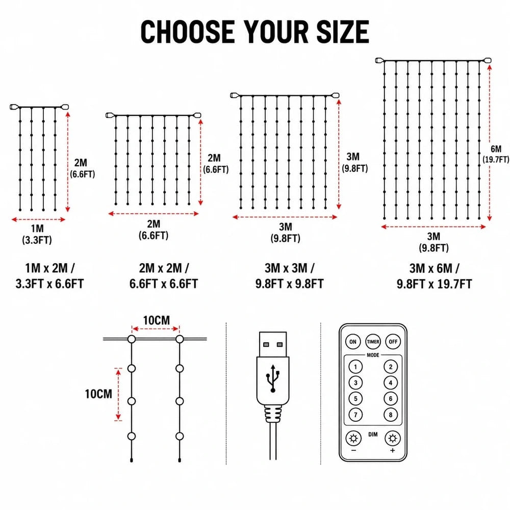 Sevair Deco Smart LED Curtain Lights for Christmas size options