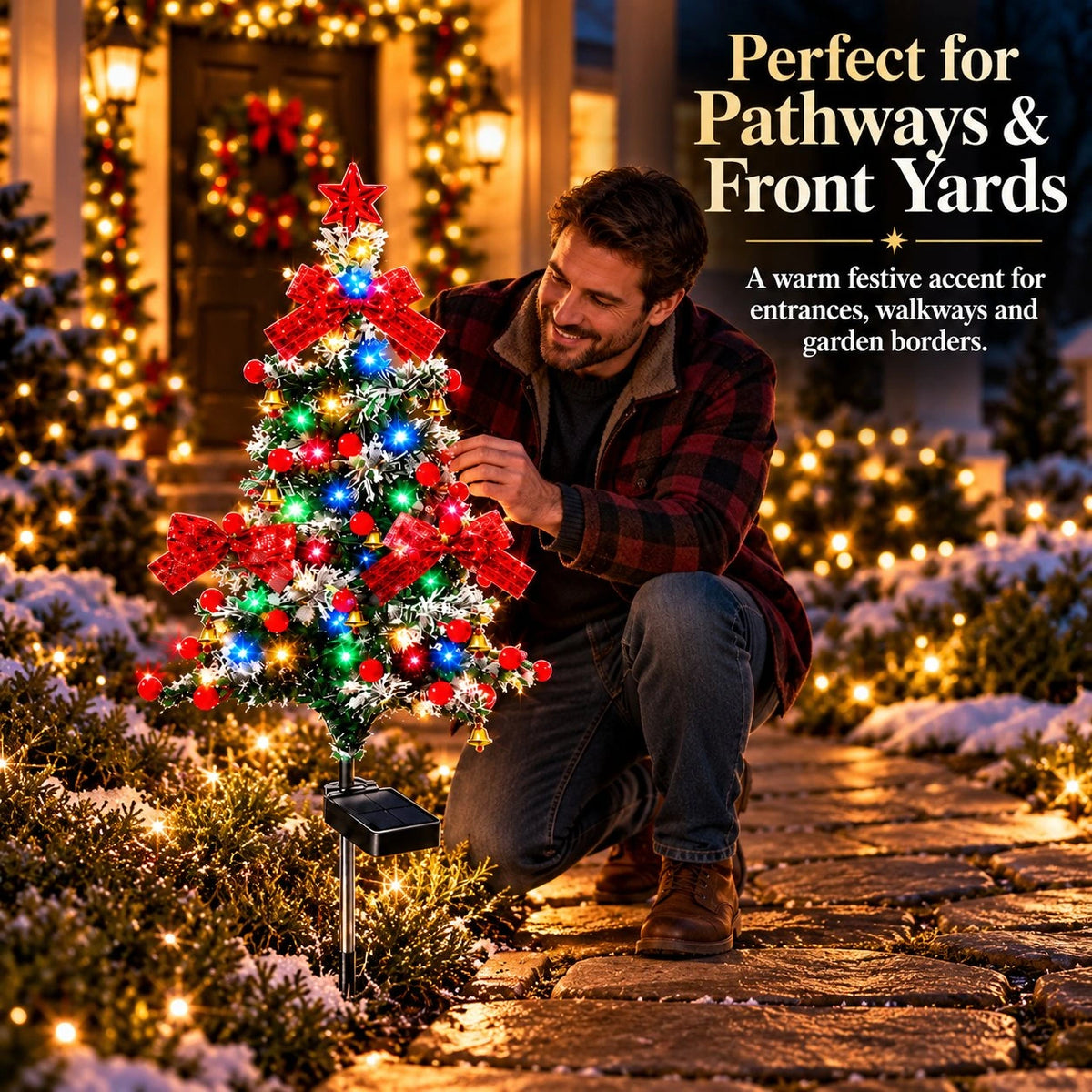 Sevair Deco Solar Cedar Christmas Tree Lights pathway