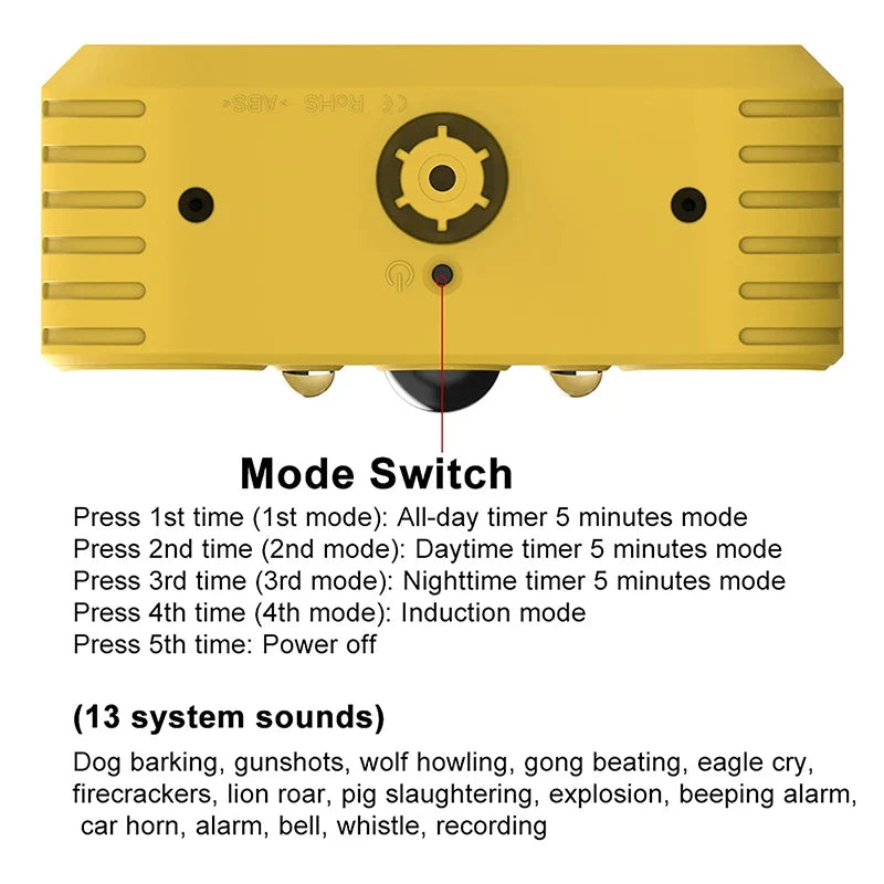 Sevair Deco Solar Motion Sensor Alarm for Outdoor Use mode switch