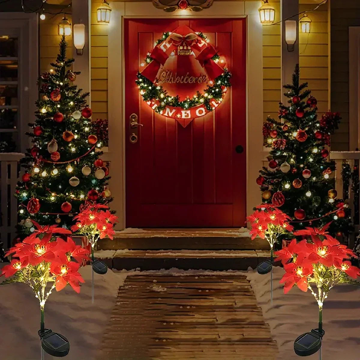 Sevair Deco Solar Poinsettia Lights for Christmas porch display