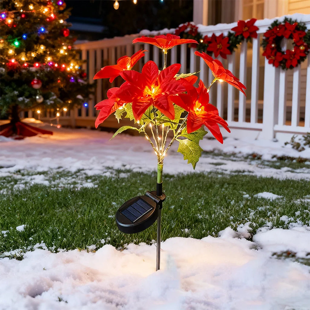 Sevair Deco Solar Poinsettia Lights for Christmas snowy porch